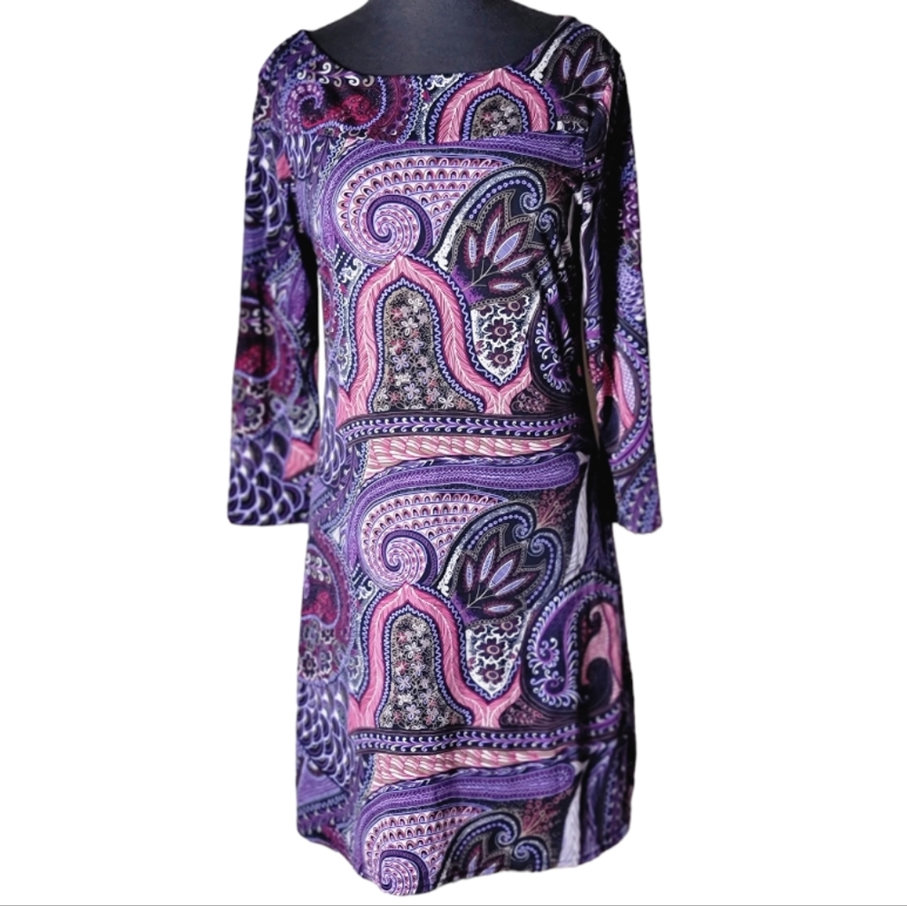 Papillon Blanc boho paisley shift dress purple pink 3/4 sleeve medium